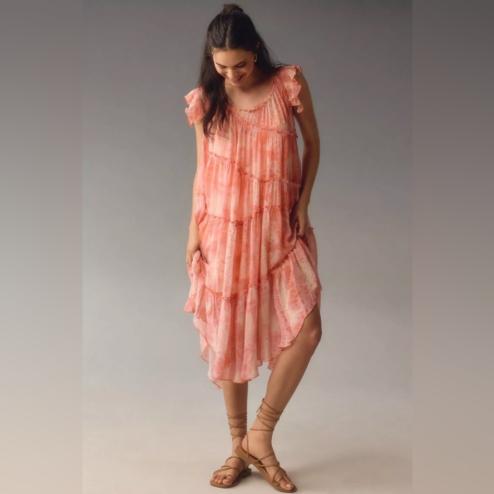 Anthropologie Asymmetric Hanky Tunic Midi Dress Boho Beach Cover Up Pink Peach L - Picture 1 of 9